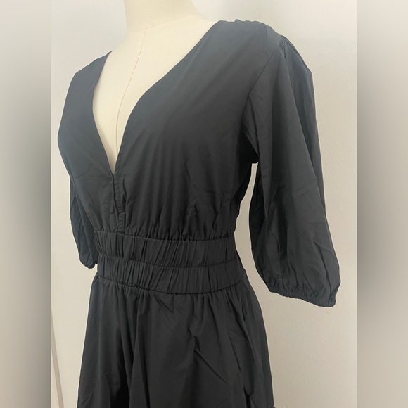 Rachel Parcell Puff Sleeve V-neck Poplin Midi Dress | Black Size Medium - Picture 3 of 10